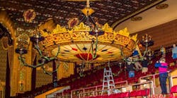 Designed by Meyda Lighting, the world&apos;s largest chandelier is a much-admired work of art in historic Stanley Center for the Arts in Utica, N.Y. The chandelier uses over 200 LEDs with a life span of five decades and a luminance output equivalent to 720 100W incandescent bulbs.