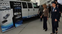 Miranda Ballentine, the assistant secretary of the Air Force for installations, environment and energy, greets vendors during the unveiling of the first federal facility to replace its entire general-purpose fleet with plug-in electric vehicles at Los Angeles Air Force Base in El Segundo, Calif., last month.