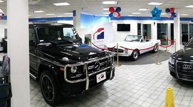 USA Auto Group&apos;s relit showroom.