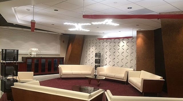 Winona Lighting&apos;s Trilia OLEDs, complemented by rectangular Origami LEDs, accent the 2nd floor lounge at Meissner Filtration Products headquarters.