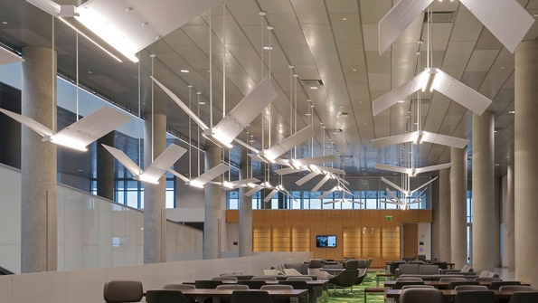 A look inside Syracuse Universityrsquos new School of Law Dineen Hall This collaborative working area is adjacent to the schoolrsquos main library The luminaires represent flying books that create a unique look hanging over the tables OrsquoConnell Electric was the electrical contractor for the project which spanned all of 2014 The 200000squarefoot facility features an open architecture design collaborative learning spaces and stateoftheart technology