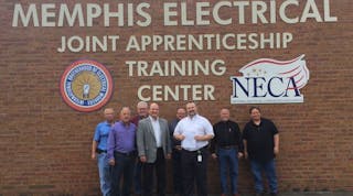(Left to right): C. Lyn McCrory, president, McCrory Electric Co.; Thomas Migliaccio , president, T.A.M. Electric Co.; R. Michael Haley, assistant business manager, Local 474 of the International Brotherhood of Electrical Workers; David Kendall, director of industry affairs, Thomas &amp; Betts/ABB; J. Glenn Greenwell, assistant business manager, Local 474 of the IBEW; Clovis D. Brown, training director, Memphis Electrical JATC; Wayne A. Lowrie, president, Lowrie Electric Co.; and J. Allen Anderson, general foreman, Miller Electric Co.