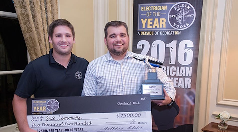 Las Vegas electrician Eric Simmons (right) was named Klein Tools&apos; 2016 Electrician of the Year. He accepted the award from David Klein, associate director of product management at Klein Tools.