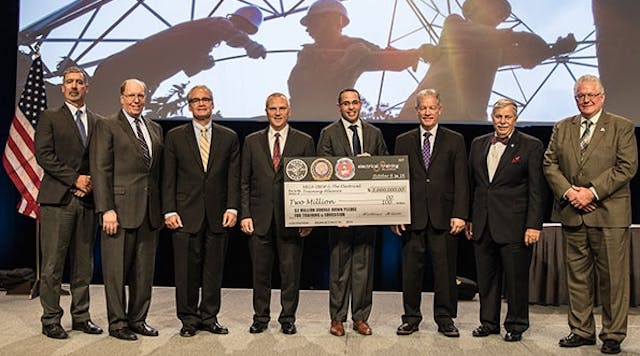 Mark Klein, co-president of Klein Tools, Greg Palese, vice president of marketing at Klein Tools presented the donation to John Grau, CEO of NECA, David Hardt, President of NECA, Geary Higgins, Vice President of NECA, Lonnie Stephenson, International President of IBEW, Jerry Westerholm, Assistant to the International President for Construction &amp; Maintenance and Business Development of IBEW, Jim Ross, Director, IBEW Construction and Maintenance Department of IBEW and Todd Stafford, Executive Director of The Electrical Training Alliance/NJATC.