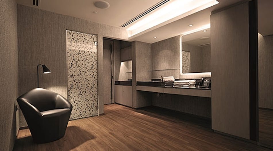 Changing rooms at the Gravity Club in Singapore use Soraa lighting to emphasize the architectural details.