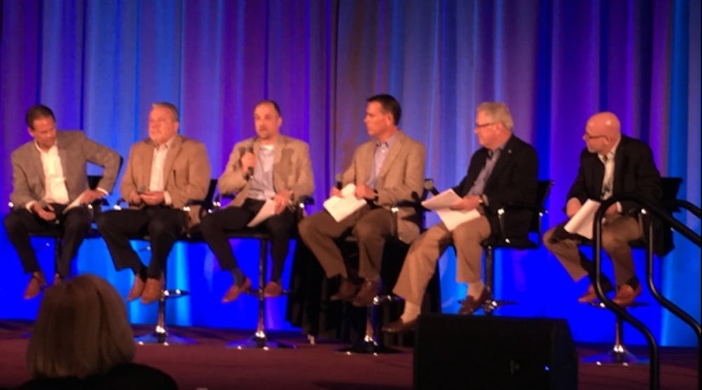 Participating in the panel discussion were (left-right) were Jim Johnson, Calpipe Industries; Dominquez Hills, CA; Mark Gibson, Agents Midwest Ltd., Wood Dale, IL; Tom Bisson, General Cable, Highland Heights, KY; Jamey Yore, Coresential, Tampa, FL; Bill Cheetham, Leviton Manufacturing Co., Providence, RI; Larry Rodger, Synergy Electrical Sales, Fairless Hills, PA; and NEMRA&rsquo;s Ken Hooper as moderator.