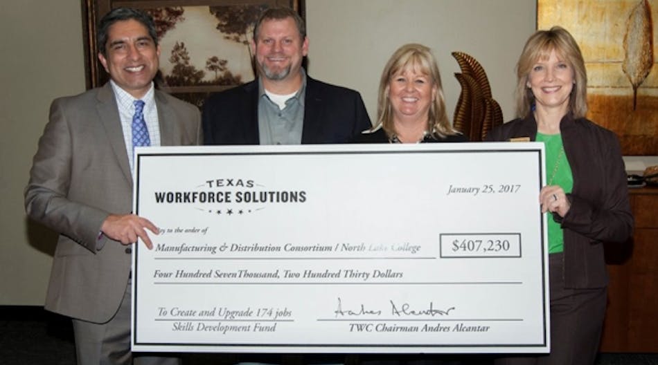 TWC Chairman Andres Alcantar made a Skills Development Fund Grant check presentation to representatives from North Lake College and partnering businesses. In this photo, Crawford Electric Supply HR Manager Renee Blaylock (second from right) and Regional Vice President Kelly Johns (far right) accept on Crawford&rsquo;s behalf. Crawford&apos;s portion of the shared grant was $199,000.