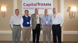 Bert Wheeler, an outside salesman for the Baltimore area (second from right) received CapitalTristate&rsquo;s first John Hardy Lifetime Achievement Award, and is joined here by Scott McDowell, senior V.P. of operations; Alan Rosenfeld, president; John Hardy, executive V.P. of business development for Sonepar USA and former president of CapitalTristate; and Mike Hensley, senior V.P. of sales.