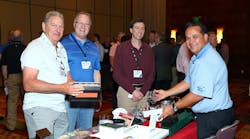 Several AD suppliers and distributors at the recent New Products Showcase: (Left-to-right) Dennis Gravette, Western Regional Manager, Arlington Industries; Mike Thompson, President, B.J. Electric Supplies Ltd.; David Borovsky, President, Bright Electric, Powered by Van Meter, Inc.; and Corey Collins, Sales, Arlington Industries/Agents West.