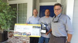 Jimmy Ferris, Klein Tools&rsquo; Electrician of the Year (center), received the award from Greg Palese, vice president of marketing at Klein Tools (left), and Barnaby, host of Klein Tools&apos; Tradesman TV