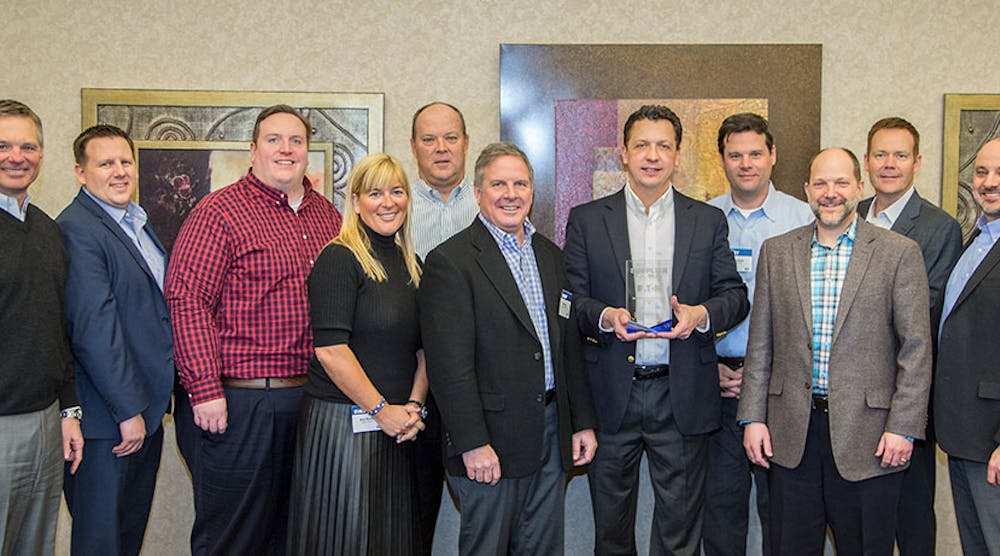 Eaton and Border States gather for BSE&apos;s Operational and Technological Excellence award. Pictured: (from left to right) David White, Shawn Kamrath and Tony Serati of BSE; Molly Murphy, Dave Bucklew, Matt Cleary, Dennis Dowiak and Mark Eubanks of Eaton; Patrick Novak, Jason Stein, Jason Seger of BSE