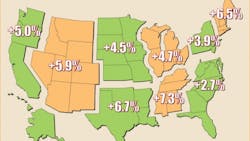 Map of United States showing percentchange sales forecasts for each region Map of United States showing percentchange sales forecasts for each region