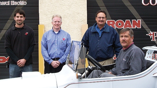 Rob Kees of GK Electric got to drive off in the 1927 Nash T Rod given away by Pollart Sales in a promotion for the agencyrsquos brands Joining to toss him the keys were left to right Christian Gunn and John Donahue of Valley Power Electric and Steve Brodskey of Pollart Electrical Sales