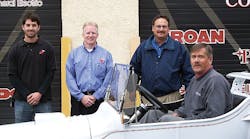 Rob Kees of GK Electric got to drive off in the 1927 Nash T Rod given away by Pollart Sales in a promotion for the agency&rsquo;s brands. Joining to toss him the keys were (left to right) Christian Gunn and John Donahue of Valley Power Electric and Steve Brodskey of Pollart Electrical Sales.