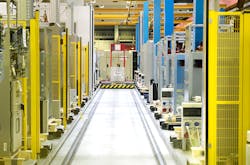 ABB&rsquo;s factory in Dalmine, Italy, relies on advanced manufacturing techniques to build switchgear and panelboards. This photo shows the automated material handling equipment that positions switchgear equipment for assembly and inspection.