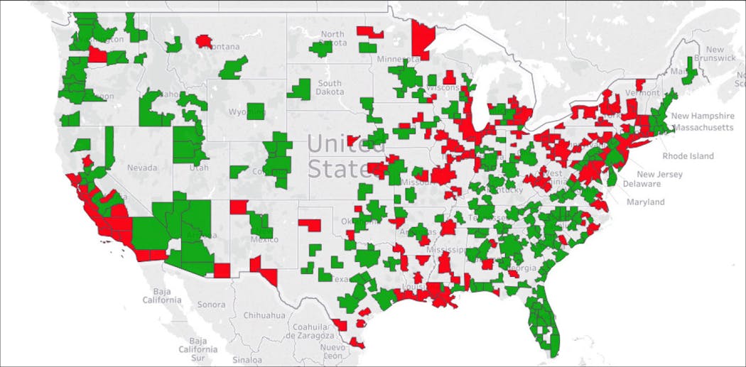 This map illustrates net migration by MSA and the dramatic population shift to the Sunbelt. Net migration is the number of residents moving into or out of an area on annual basis. The MSAs marked in green gained population in 2019, while the markets marked in red lost residents.