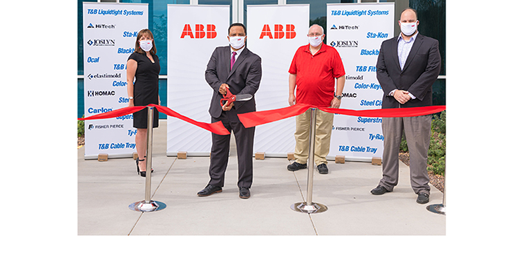 ABB execs at the recent ribbon cutting for the company&rsquo;s new distribution center in Phoenix. Left to Right: Christy Tilton, U.S. sales leader, ABB Installation Products Division; Chet Akiri, managing director, U.S. Region, ABB Installation Products Division; Ken Shotts, U.S. distribution leader, ABB Installation Products Division (Red Shirt); and Ralph Donati, U.S. product management and strategy leader.