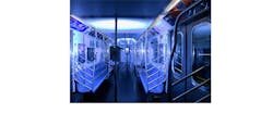 A New York City Metro Transit Authority subway car is bathed in germ-killing ultraviolet light emitted from portable and pole-based fixtures. A New York City Metro Transit Authority subway car is bathed in germ-killing ultraviolet light emitted from portable and pole-based fixtures.