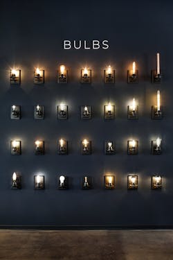 The Bulb Wall in Dominion Lighting&rsquo;s new showroom compares the light emitted by LED and incandescent bulbs and showcases the various styles of the latest LED light sources.