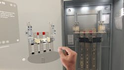 Apple Vision Pro user view of BILT 3D immersive instructions shows a digital rendering of Siemens P5 power panel and text window next to the real panel for side-by-side guided work. Apple Vision Pro user view of BILT 3D immersive instructions shows a digital rendering of Siemens P5 power panel and text window next to the real panel for side-by-side guided work.