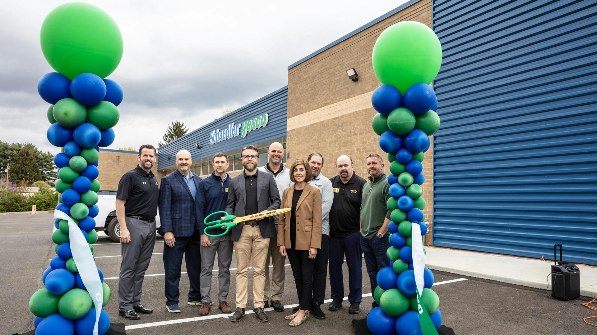 Pictured left to right: Chris Fabry, mayor of Lower Burrell; Steve Shepps, VP sales & marketing, Construction; Greg Schaedler, CEO; Matt Evans, regional VP, Western Market; Ryan Jones, executive VP; Farrah Mittel, president; and Dave Teague, VP of Digital.