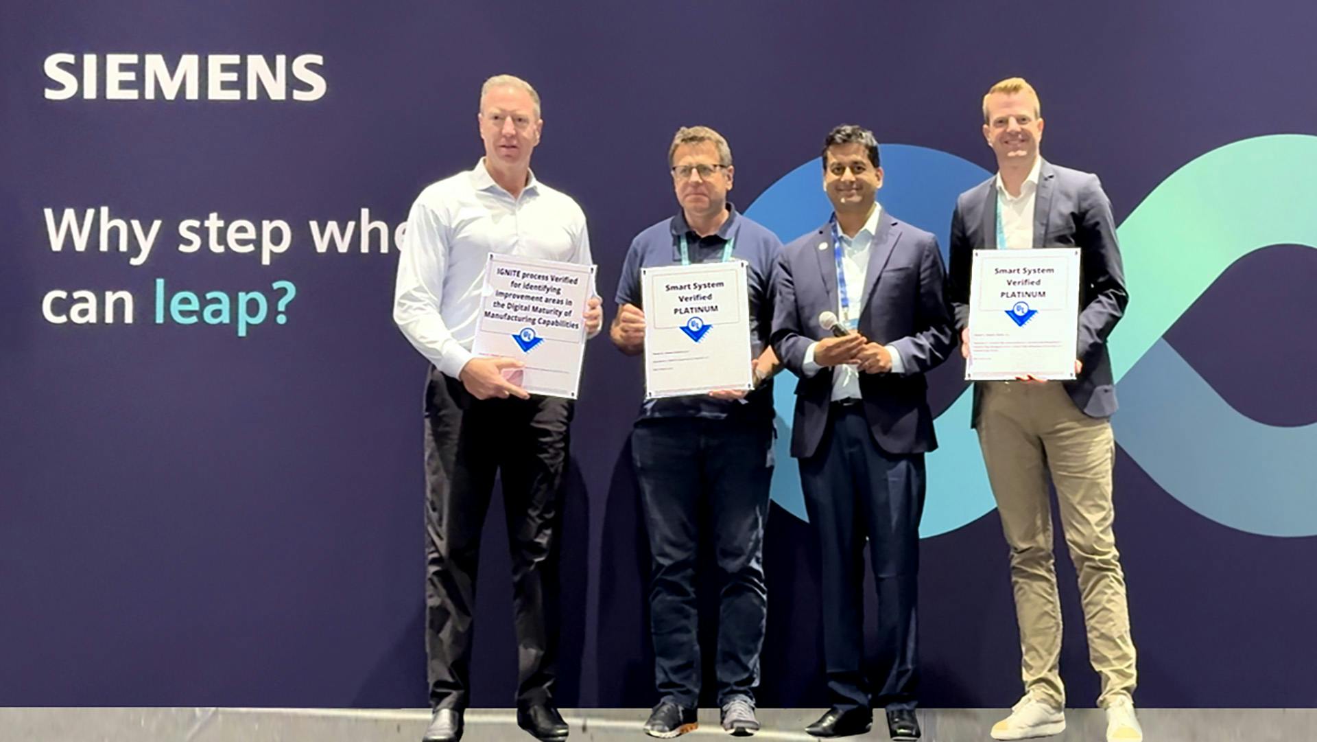Industrial manufacturing software offerings from Siemens are the first to receive UL Verified Marks via the UL Solutions&rsquo; Marketing Claim Verification program. Pictured L-R: Chris Stevens, senior VP and GM of Automation Business, Siemens; Robert Winter, Product Portfolio Manager, Siemens; Upayan Sengupta, senior VP, Testing, Inspection and Certification, Consumer, UL Solutions; and Torben Poertner, Head of Ecosystem Orchestration & Monetization, Siemens.