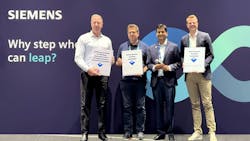 Industrial manufacturing software offerings from Siemens are the first to receive UL Verified Marks via the UL Solutions’ Marketing Claim Verification program. Pictured L-R: Chris Stevens, senior VP and GM of Automation Business, Siemens; Robert Winter, Product Portfolio Manager, Siemens; Upayan Sengupta, senior VP, Testing, Inspection and Certification, Consumer, UL Solutions; and Torben Poertner, Head of Ecosystem Orchestration & Monetization, Siemens. Industrial manufacturing software offerings from Siemens are the first to receive UL Verified Marks via the UL Solutions’ Marketing Claim Verification program. Pictured L-R: Chris Stevens, senior VP and GM of Automation Business, Siemens; Robert Winter, Product Portfolio Manager, Siemens; Upayan Sengupta, senior VP, Testing, Inspection and Certification, Consumer, UL Solutions; and Torben Poertner, Head of Ecosystem Orchestration & Monetization, Siemens.